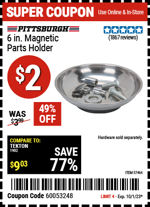 Buy the PITTSBURGH AUTOMOTIVE 6 in. Magnetic Parts Holder (Item 57464) for $2, valid through 10/1/2023.