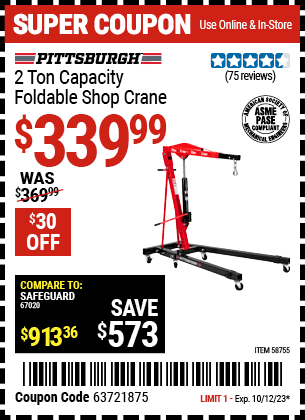 Buy the PITTSBURGH 2 Ton-Capacity Foldable Shop Crane (Item 58755) for $339.99, valid through 10/12/2023.