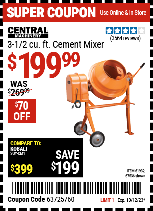 Buy the CENTRAL MACHINERY 3-1/2 Cubic ft. Cement Mixer (Item 67536/61932) for $199.99, valid through 10/12/2023.