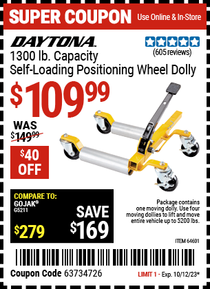 Buy the DAYTONA 1300 lb. Self-Loading Positioning Wheel Dolly (Item 64601) for $109.99, valid through 10/12/2023.