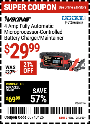 Buy the VIKING 4 Amp Fully Automatic Microprocessor Controlled Battery Charger/Maintainer (Item 63350) for $29.99, valid through 10/12/2023.