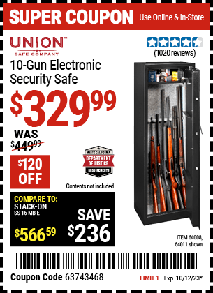 Buy the UNION SAFE COMPANY 10 Gun Electronic Security Safe (Item 64011/64008) for $329.99, valid through 10/12/2023.