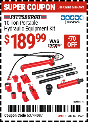 Buy the PITTSBURGH 10 Ton Portable Hydraulic Equipment Kit (Item 58775) for $189.99, valid through 10/12/2023.