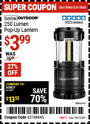 Buy the LUMINAR OUTDOOR 250 Lumen Pop-Up Lantern (Item 64110) for $3.99, valid through 10/12/2023.