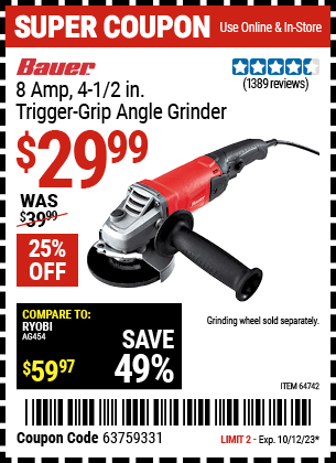 Buy the BAUER Corded 4-1/2 in. 8 Amp Heavy Duty Trigger Grip Angle Grinder with Tool-Free Guard (Item 64742) for $29.99, valid through 10/12/2023.