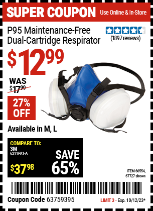 Buy the GERSON P95 Maintenance-Free Dual Cartridge Respirator Medium (Item 66554/67727) for $12.99, valid through 10/12/2023.