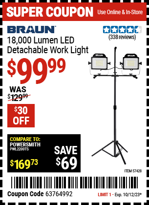 Buy the BRAUN 18-000 Lumen LED Detachable Work Light (Item 57428) for $99.99, valid through 10/12/2023.