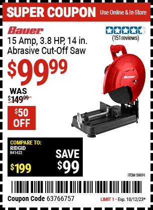 Buy the BAUER 15 Amp 3.8 HP 14 in. Abrasive Cut-Off Saw (Item 58091) for $99.99, valid through 10/12/2023.