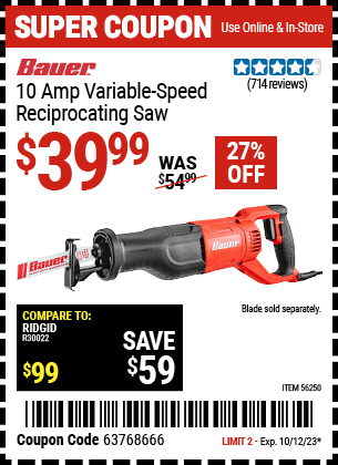 Buy the BAUER 10 Amp Variable Speed Reciprocating Saw (Item 56250) for $39.99, valid through 10/12/2023.