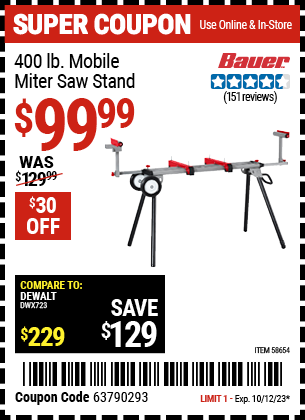 Buy the BAUER 400 lb. Mobile Miter Saw Stand (Item 58654) for $99.99, valid through 10/12/2023.