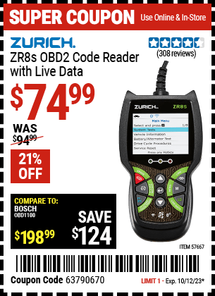 Buy the ZURICH ZR8S OBD2 Code Reader with Live Data (Item 57667) for $74.99, valid through 10/12/2023.