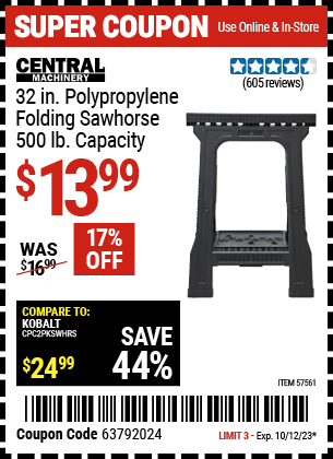 Buy the CENTRAL MACHINERY 500 lb. Sawhorse (Item 57561) for $13.99, valid through 10/12/2023.