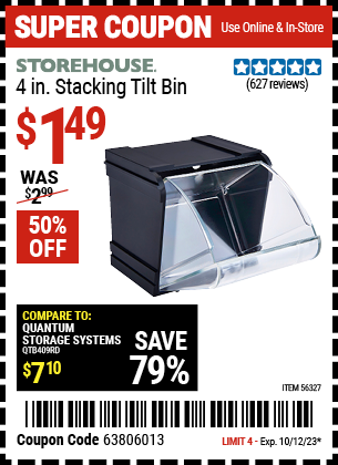 Buy the STOREHOUSE 4 in. Stacking Tilt Bin (Item 56327) for $1.49, valid through 10/12/2023.