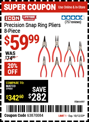 Buy the ICON Precision Snap Ring Pliers 8 Pc. (Item 64597) for $59.99, valid through 10/12/2023.