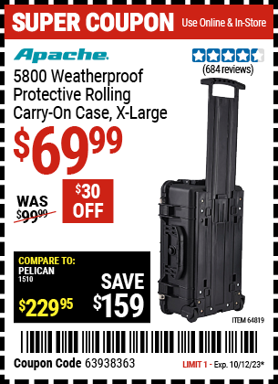 Buy the APACHE 5800 Weatherproof Protective Rolling Carry-On Case (X-Large) (Item 64819) for $69.99, valid through 10/12/2023.