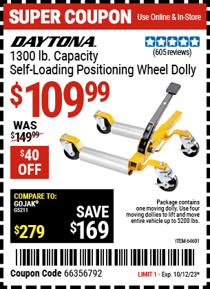 Buy the DAYTONA 1300 lb. Self-Loading Positioning Wheel Dolly (Item 64601) for $109.99, valid through 10/12/23.