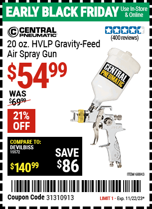 Buy the CENTRAL PNEUMATIC 20 oz. Professional HVLP Gravity Feed Air Spray Gun (Item 68843) for $54.99, valid through 11/22/2023.