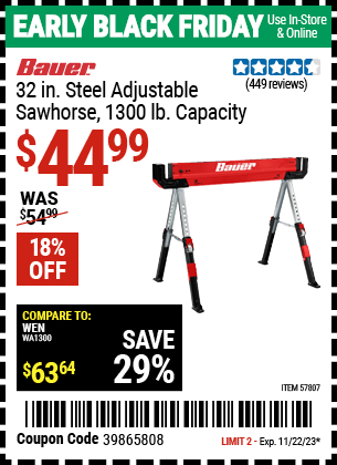 Buy the BAUER 1300 lb. Capacity Steel Sawhorse (Item 57807) for $44.99, valid through 11/22/2023.