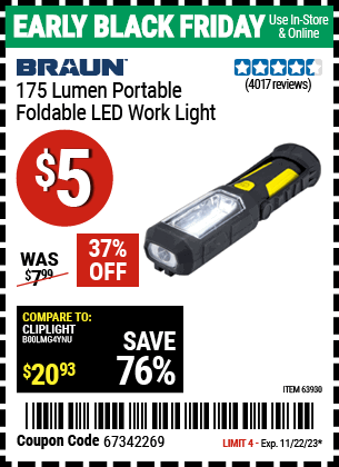 Buy the BRAUN Portable Folding LED Work Light (Item 63930) for $5, valid through 11/22/2023.