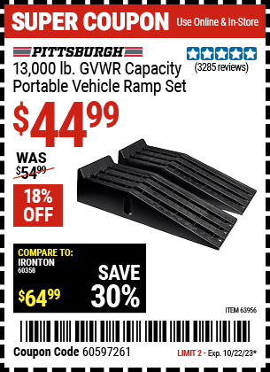 Buy the PITTSBURGH AUTOMOTIVE 13000 lb. Portable Vehicle Ramp Set (Item 63956) for $44.99, valid through 10/22/2023.