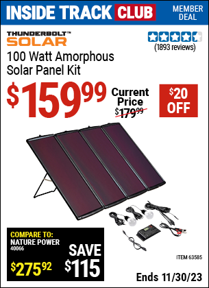 Inside Track Club members can buy the THUNDERBOLT MAGNUM SOLAR 100 Watt Solar Panel Kit (Item 63585) for $159.99, valid through 11/30/2023.