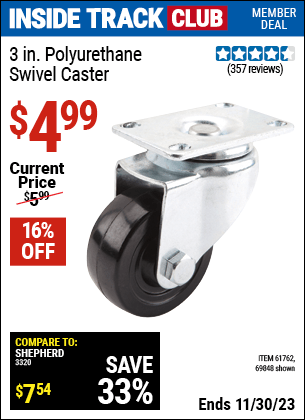 Inside Track Club members can buy the 3 in. Polyurethane Light Duty Swivel Caster (Item 69848/61762) for $4.99, valid through 11/30/2023.