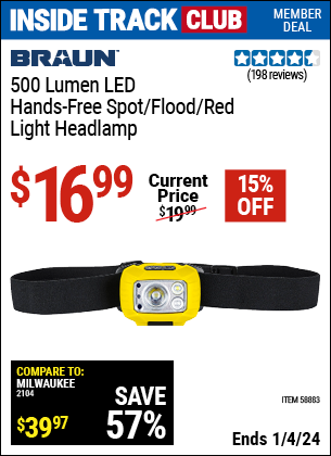 Inside Track Club members can buy the BRAUN 500 Lumen LED Hands-Free Spot/Flood/Red Light Headlamp (Item 58883) for $16.99, valid through 1/4/2024.