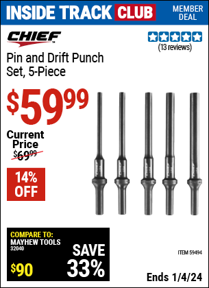 Inside Track Club members can buy the CHIEF Pin and Drift Punch Set, 5 Piece (Item 59494) for $59.99, valid through 1/4/2024.