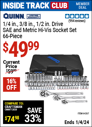 Inside Track Club members can buy the QUINN 66 Pc 1/4 in. 3/8 in. 1/2 in. Drive SAE & Metric Hi-Vis Socket Set (Item 64267) for $49.99, valid through 1/4/2024.