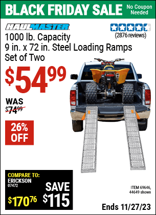 Buy the HAUL-MASTER 1000 lb. Capacity 9 in. x 72 in. Steel Loading Ramps Set of Two (Item 44649/69646) for $54.99, valid through 11/27/2023.