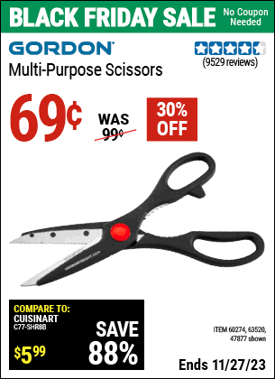 Buy the GORDON Multipurpose Scissors (Item 47877/60274/63520) for $0.69, valid through 11/27/2023.