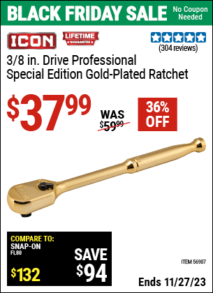 Buy the ICON 3/8 in. Drive Professional Ratchet — Genuine 24 Karat Gold Plated (Item 56907) for $37.99, valid through 11/27/2023.