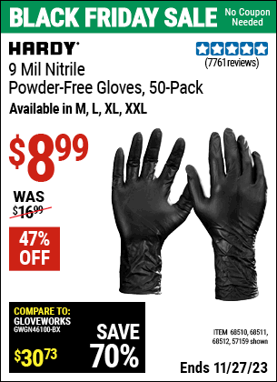 Buy the HARDY 9 mil Nitrile Powder-Free Gloves (Item 57159/68510/68511/68512) for $8.99, valid through 11/27/2023.