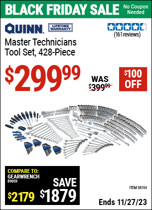 Buy the QUINN Master Technician Tool Set (Item 58154) for $299.99, valid through 11/27/2023.