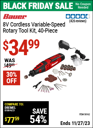 Buy the BAUER 8V Cordless Variable Speed Rotary Tool Kit (Item 58162) for $34.99, valid through 11/27/2023.