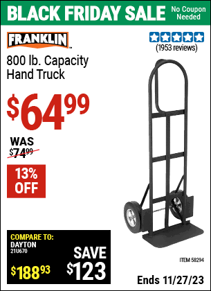 Buy the FRANKLIN 800 lb. Capacity Hand Truck (Item 58294) for $64.99, valid through 11/27/2023.