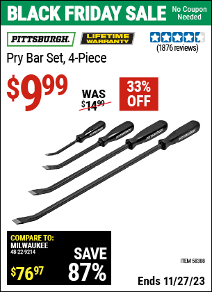 Buy the PITTSBURGH Pry Bar Set (Item 58388) for $9.99, valid through 11/27/2023.