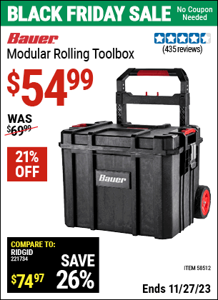 Buy the BAUER Modular Rolling Tool Box (Item 58512) for $54.99, valid through 11/27/2023.