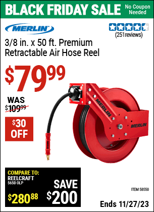 Buy the MERLIN 3/8 in. x 50 ft. Premium Retractable Air Hose Reel (Item 58550) for $79.99, valid through 11/27/2023.