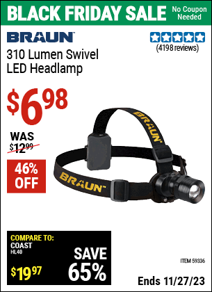 Buy the BRAUN 310 Lumen Swivel LED Headlamp (Item 59336) for $6.98, valid through 11/27/2023.