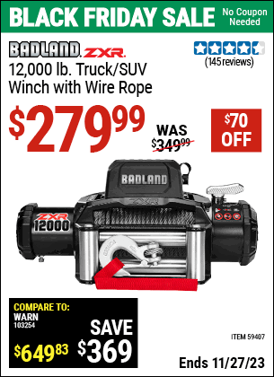 Buy the BADLAND ZXR 12,000 lb. Truck/SUV Winch with Wire Rope (Item 59407) for $279.99, valid through 11/27/2023.