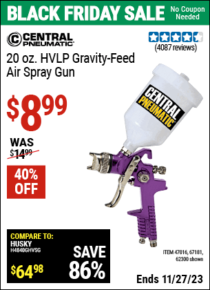 Buy the CENTRAL PNEUMATIC 20 oz. HVLP Gravity Feed Air Spray Gun (Item 62300/47016/67181) for $8.99, valid through 11/27/2023.