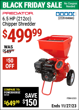 Buy the PREDATOR 6.5 HP (212cc) Chipper Shredder (Item 62323) for $499.99, valid through 11/27/2023.