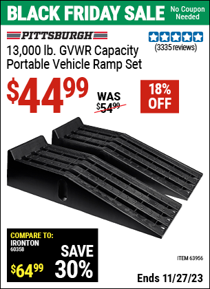 Buy the PITTSBURGH AUTOMOTIVE 13000 lb. Portable Vehicle Ramp Set (Item 63956) for $44.99, valid through 11/27/2023.