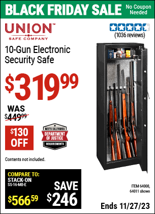 Buy the UNION SAFE COMPANY 10 Gun Electronic Security Safe (Item 64011/64008) for $319.99, valid through 11/27/2023.