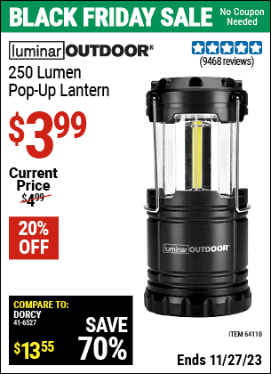 Buy the LUMINAR OUTDOOR 250 Lumen Pop-Up Lantern (Item 64110) for $3.99, valid through 11/27/2023.