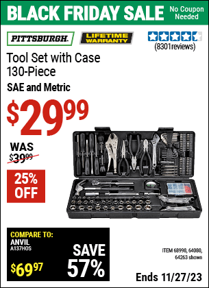 Buy the PITTSBURGH Tool Kit with Case (Item 64263/64080) for $29.99, valid through 11/27/2023.