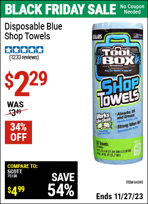 Buy the TOOLBOX Disposable Blue Shop Towels (Item 64395) for $2.29, valid through 11/27/2023.