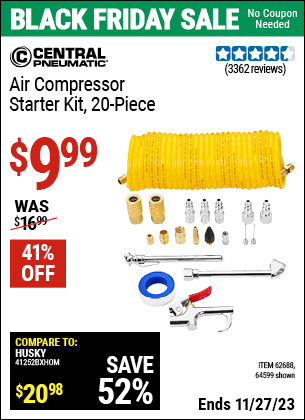 Buy the CENTRAL PNEUMATIC Air Compressor Starter Kit 20 Pc. (Item 64599/62688) for $9.99, valid through 11/27/2023.