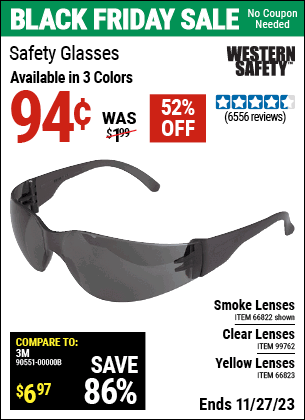 Buy the WESTERN SAFETY Safety Glasses (Item 66822/66823/99762) for $0.94, valid through 11/27/2023.